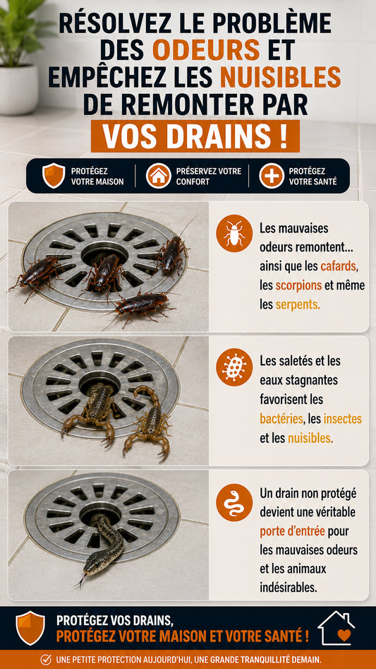 Garde-égout 3 en 1 : Anti-Odeur, 𝗔𝗻𝘁𝗶-𝗖𝗮𝗳𝗮𝗿𝗱𝘀 & 𝗔𝗻𝘁𝗶-𝗥𝗲𝗺𝗼𝗻𝘁é𝗲𝘀