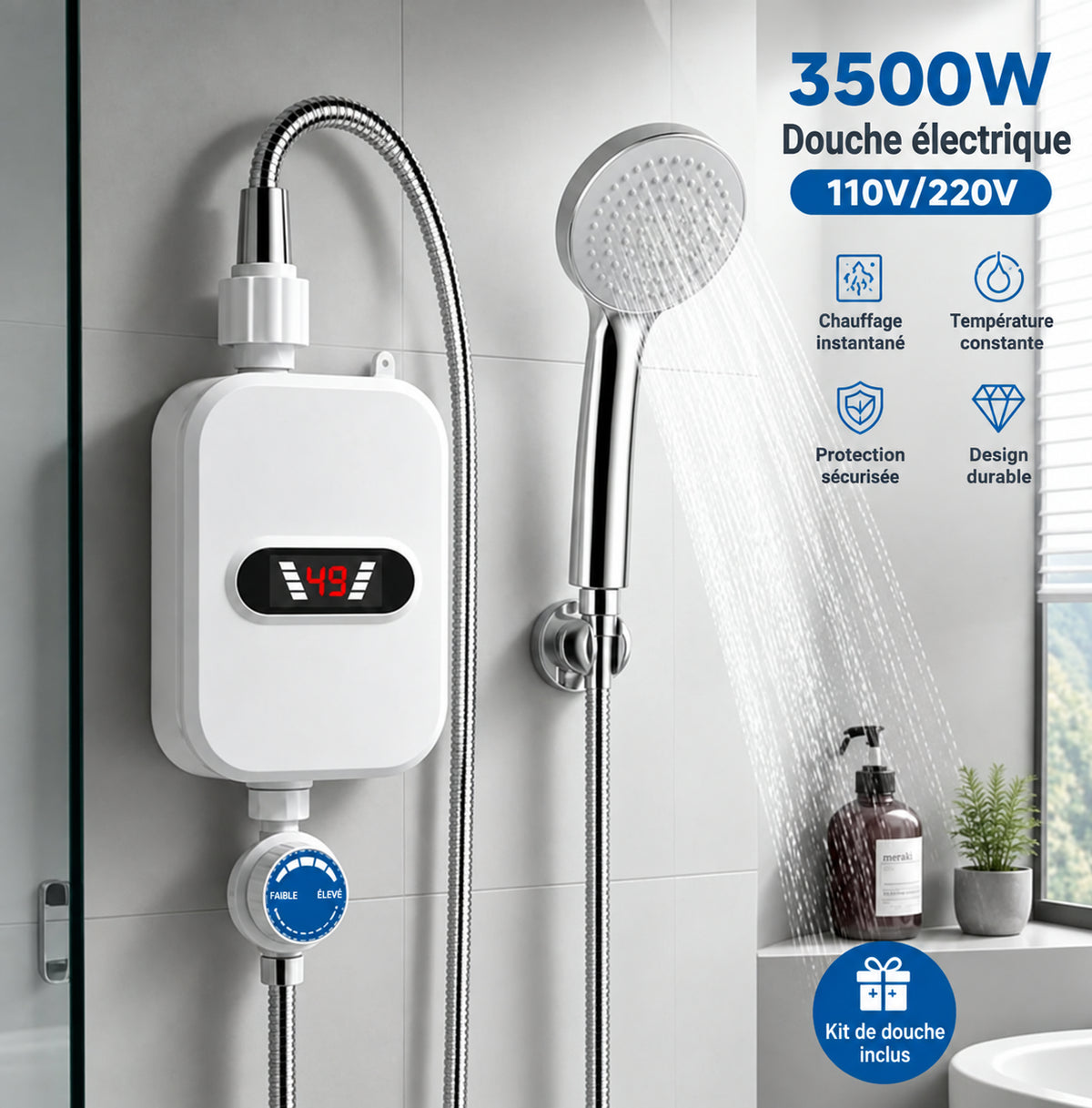 Profitez d'une Douche Chaude à Tout Moment ! Chauffe eau électrique 3500W